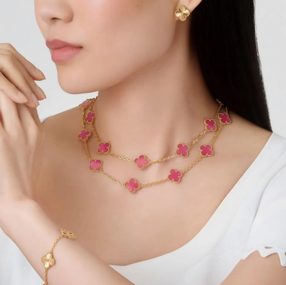[⭐Hyrra Jewelry]NEW CLOVER 20 MOTIFS PINK ENAMEL NECKLACE