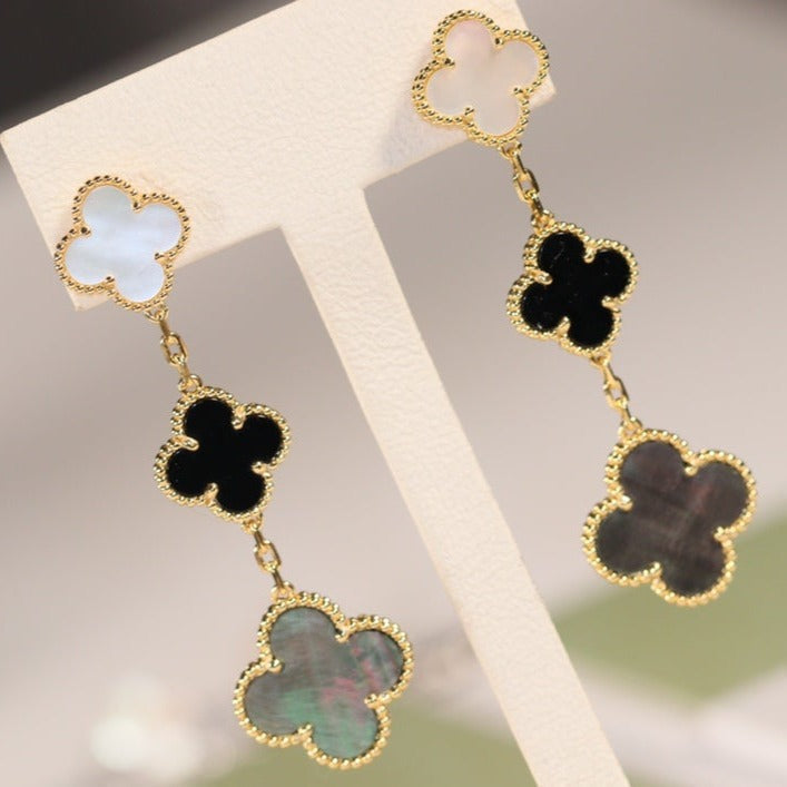 [⭐Hyrra Jewelry]CLOVER EARRINGS GOLD ONYX MOP 3 MOTIF