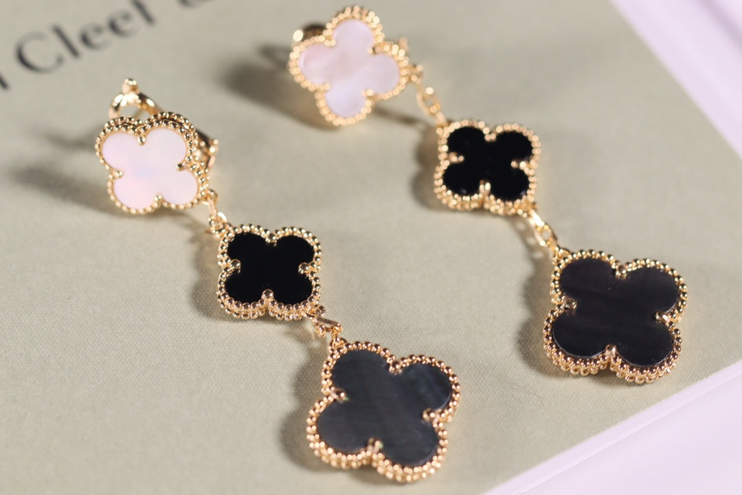 [⭐Hyrra Jewelry]CLOVER EARRINGS GOLD ONYX MOP 3 MOTIF