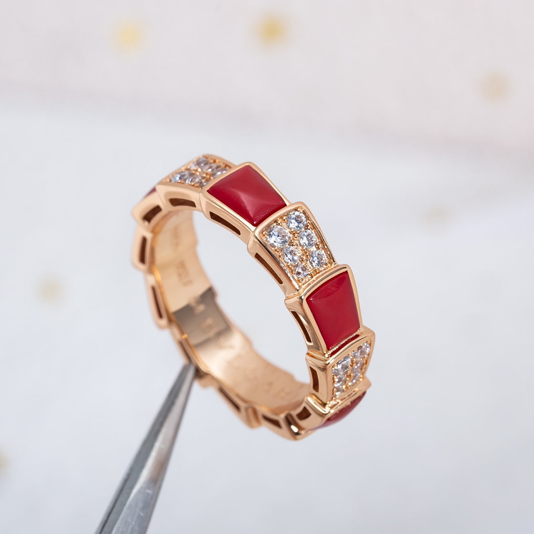 [⭐Hyrra Jewelry]SERPENTI RING PINK GOLD CARNELIAN DIAMOND PAVED 4MM