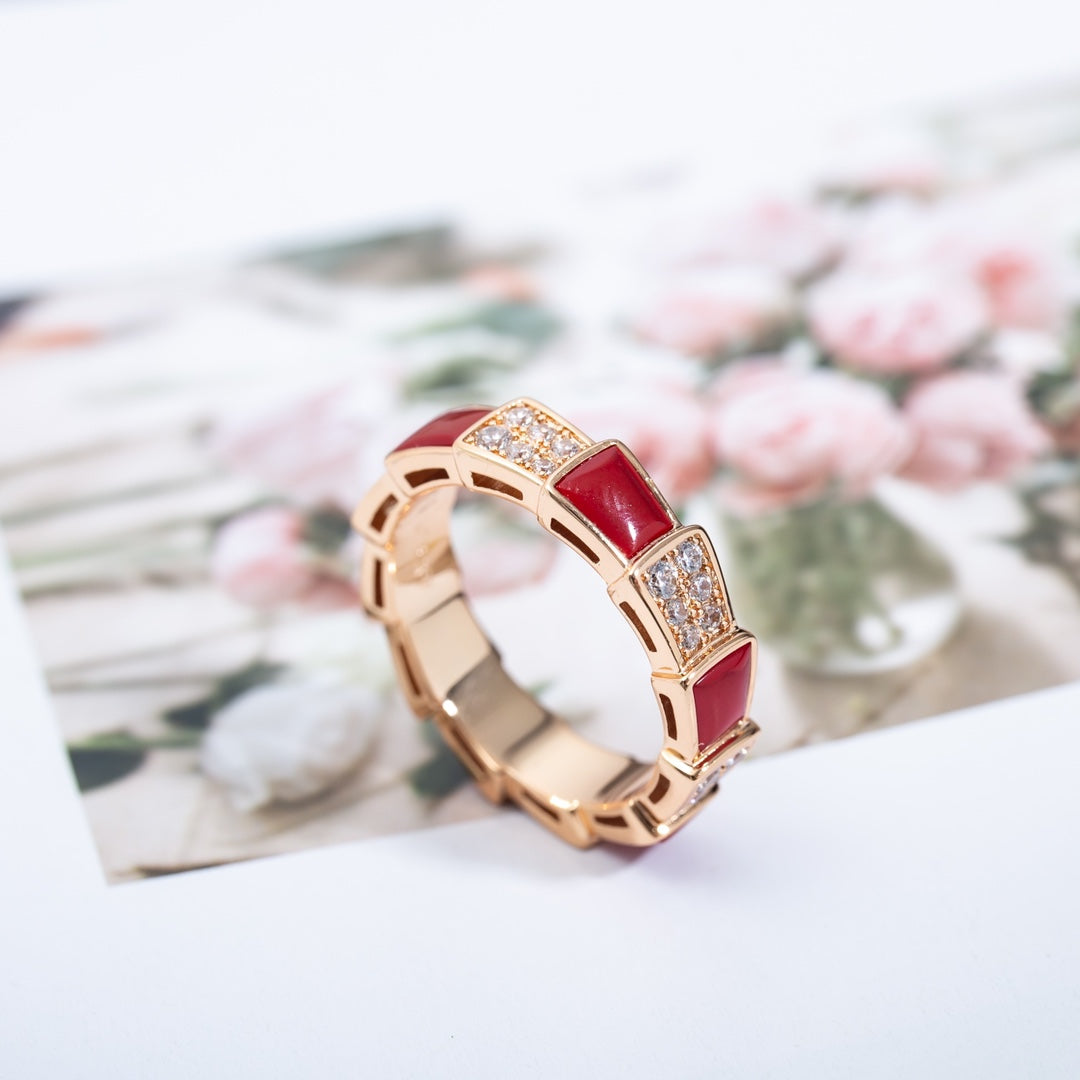 [⭐Hyrra Jewelry]SERPENTI RING PINK GOLD CARNELIAN DIAMOND PAVED 4MM