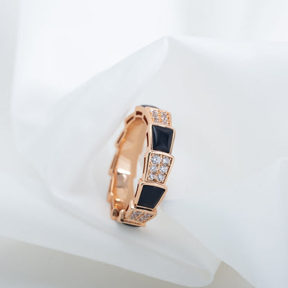 [⭐Hyrra Jewelry]SERPENTI RING PINK GOLD BLACK MOP DIAMOND PAVED 4MM