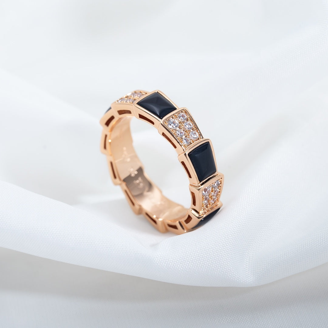 [⭐Hyrra Jewelry]SERPENTI RING PINK GOLD BLACK MOP DIAMOND PAVED 4MM