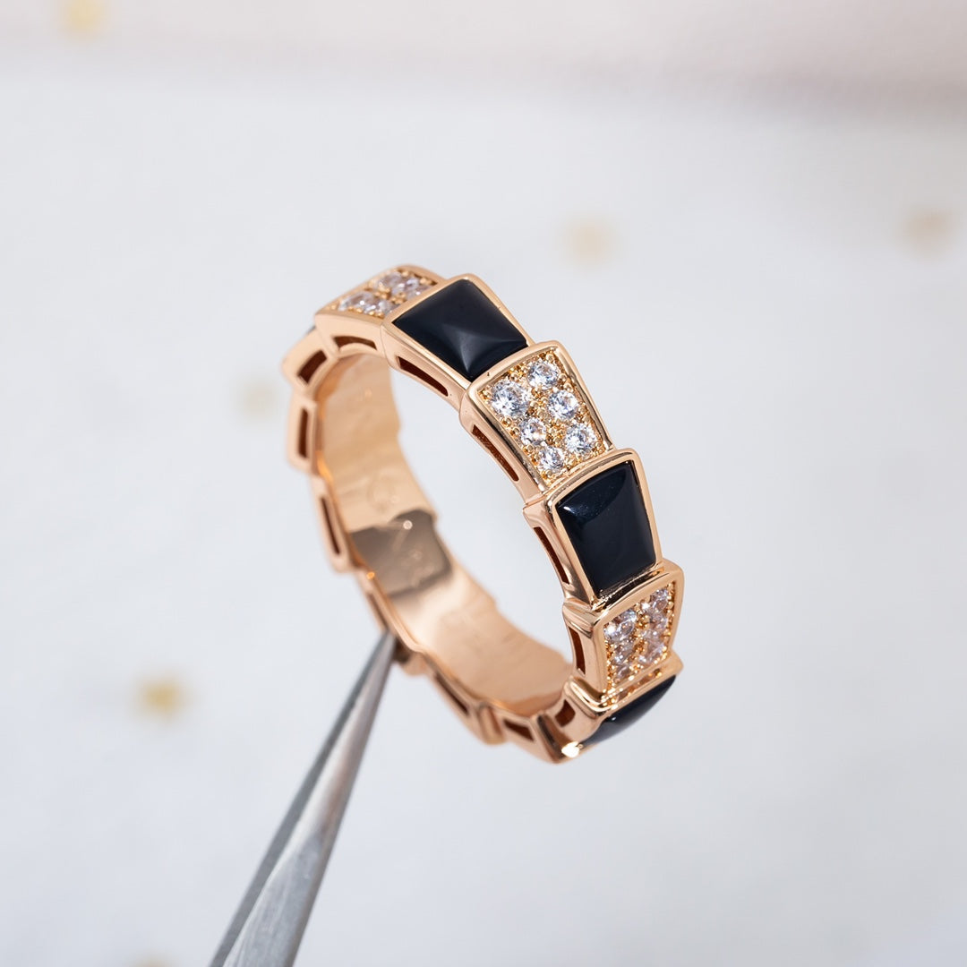 [⭐Hyrra Jewelry]SERPENTI RING PINK GOLD BLACK MOP DIAMOND PAVED 4MM