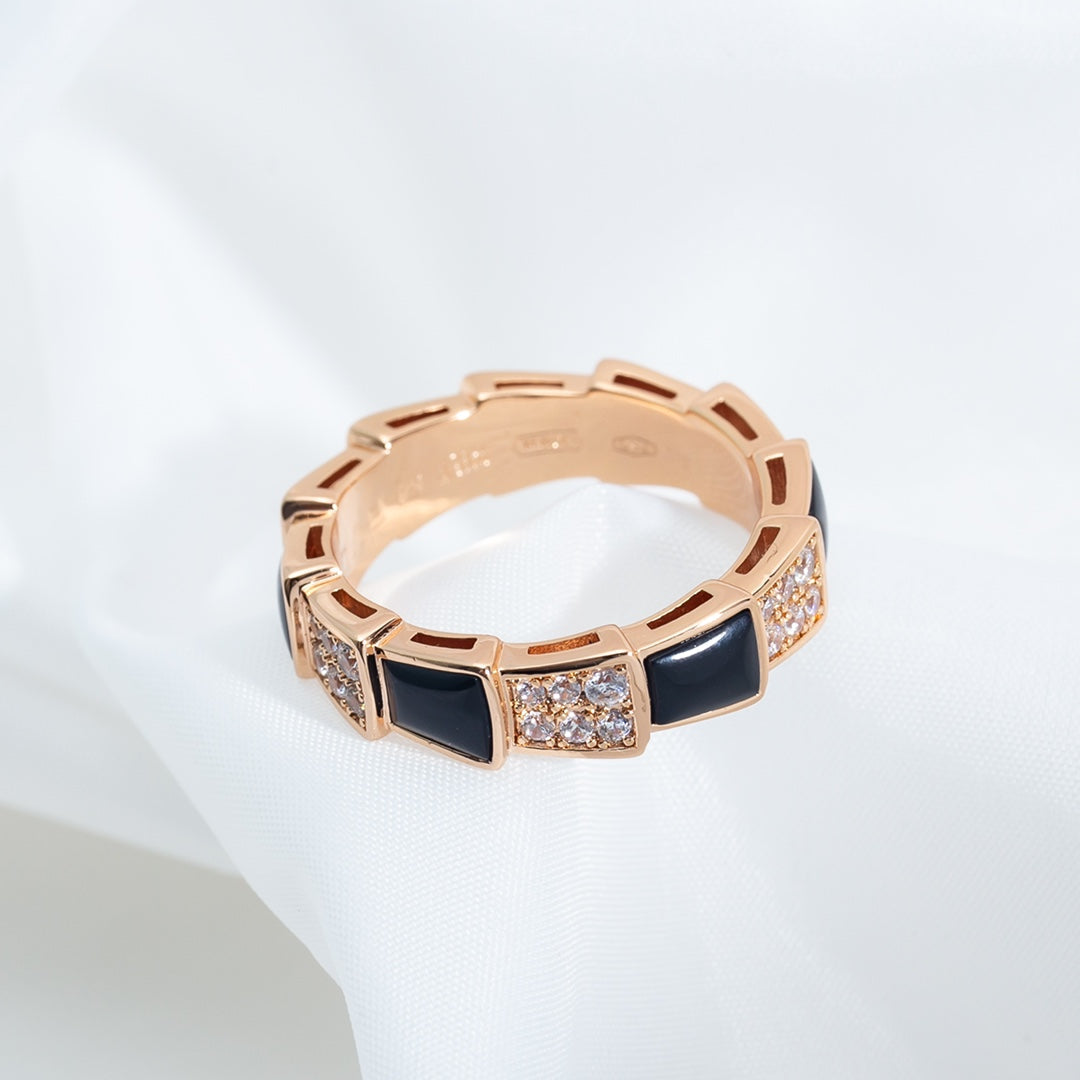 [⭐Hyrra Jewelry]SERPENTI RING PINK GOLD BLACK MOP DIAMOND PAVED 4MM