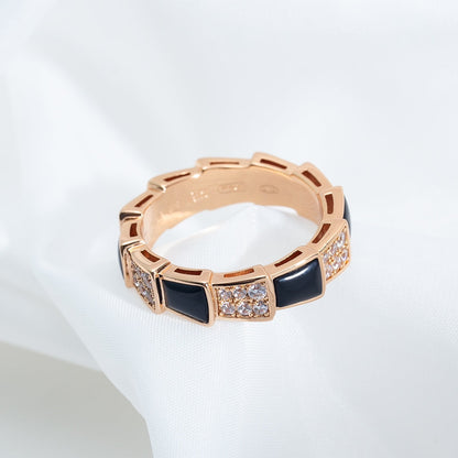 [⭐Hyrra Jewelry]SERPENTI RING PINK GOLD BLACK MOP DIAMOND PAVED 4MM