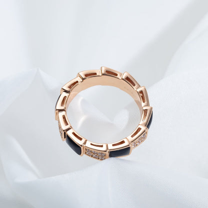 [⭐Hyrra Jewelry]SERPENTI RING PINK GOLD BLACK MOP DIAMOND PAVED 4MM