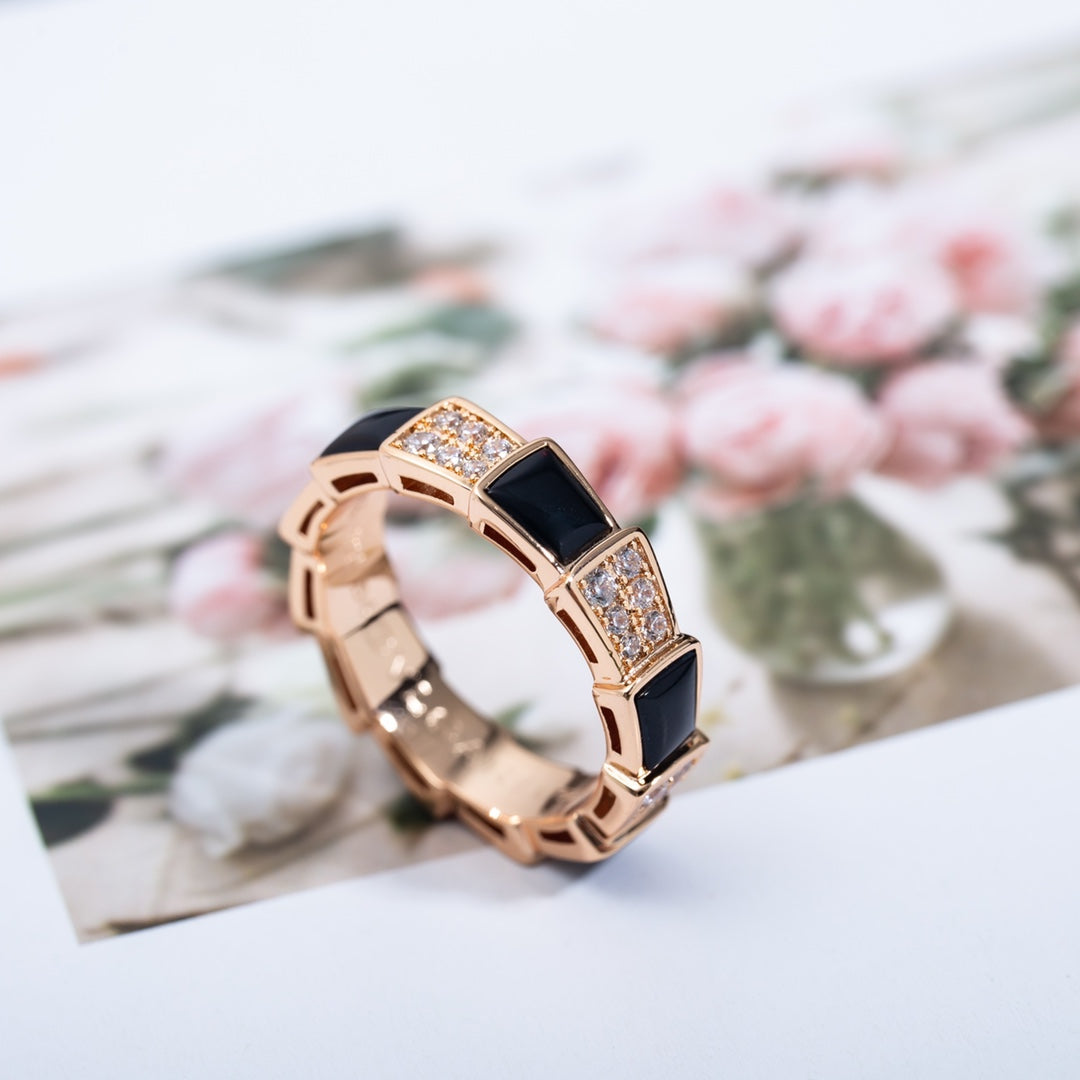 [⭐Hyrra Jewelry]SERPENTI RING PINK GOLD BLACK MOP DIAMOND PAVED 4MM