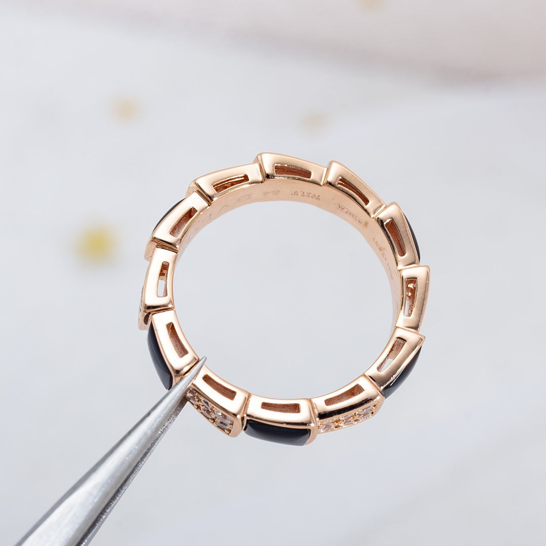 [⭐Hyrra Jewelry]SERPENTI RING PINK GOLD BLACK MOP DIAMOND PAVED 4MM