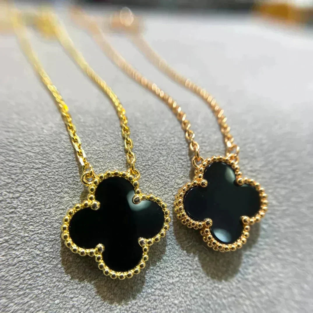 [⭐Hyrra Jewelry]CLOVER 15MM BLACK ONYX SINGLE FLOWER NECKLACE