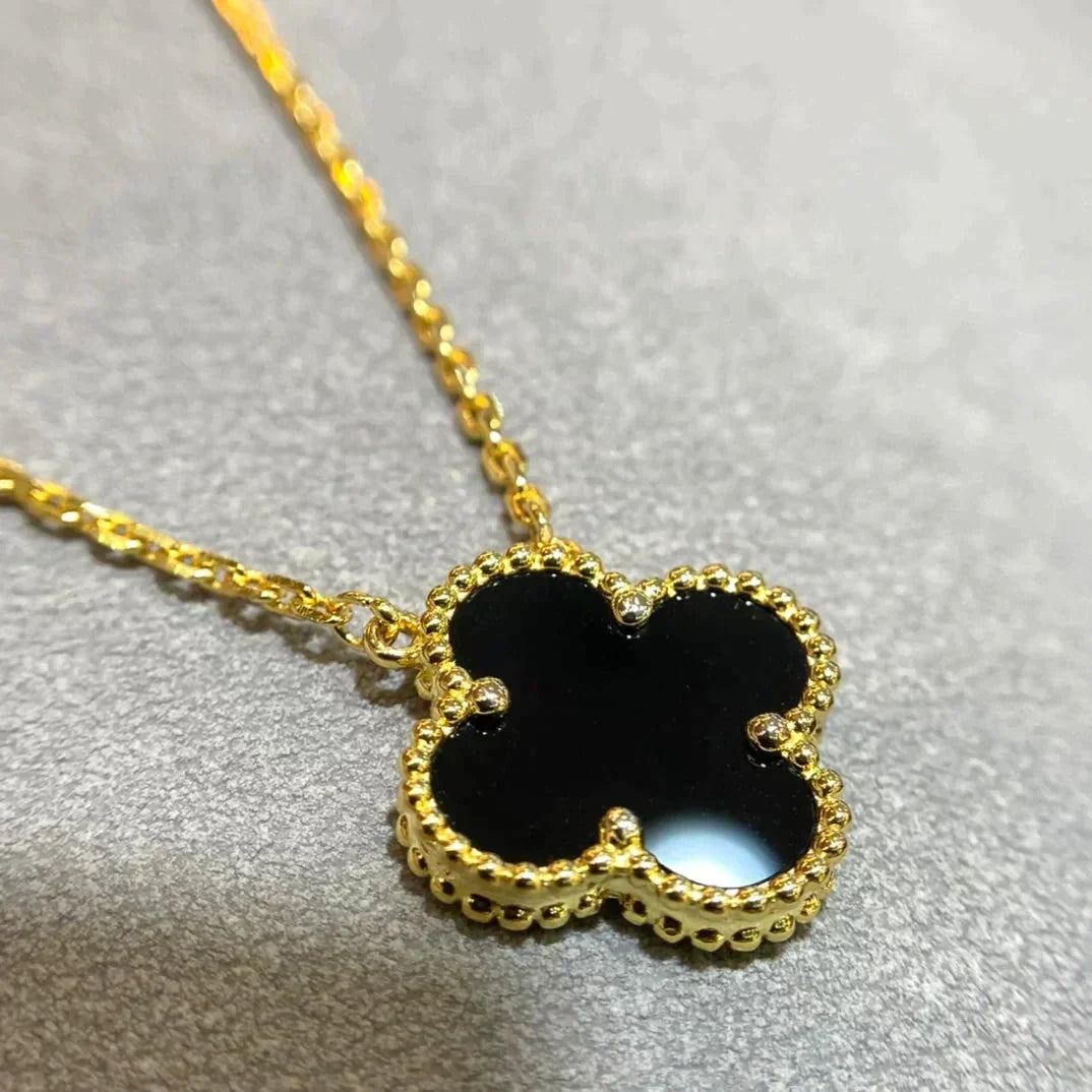 [⭐Hyrra Jewelry]CLOVER 15MM BLACK ONYX SINGLE FLOWER NECKLACE
