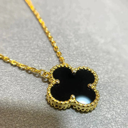 [⭐Hyrra Jewelry]CLOVER 15MM BLACK ONYX SINGLE FLOWER NECKLACE