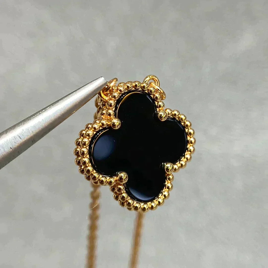 [⭐Hyrra Jewelry]CLOVER 15MM BLACK ONYX SINGLE FLOWER NECKLACE