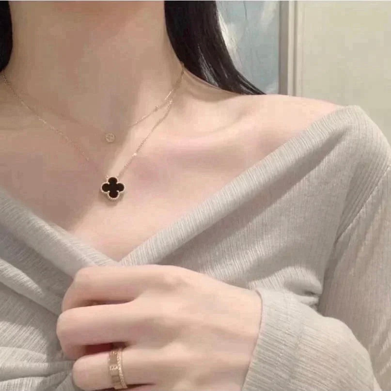 [⭐Hyrra Jewelry]CLOVER 15MM BLACK ONYX SINGLE FLOWER NECKLACE