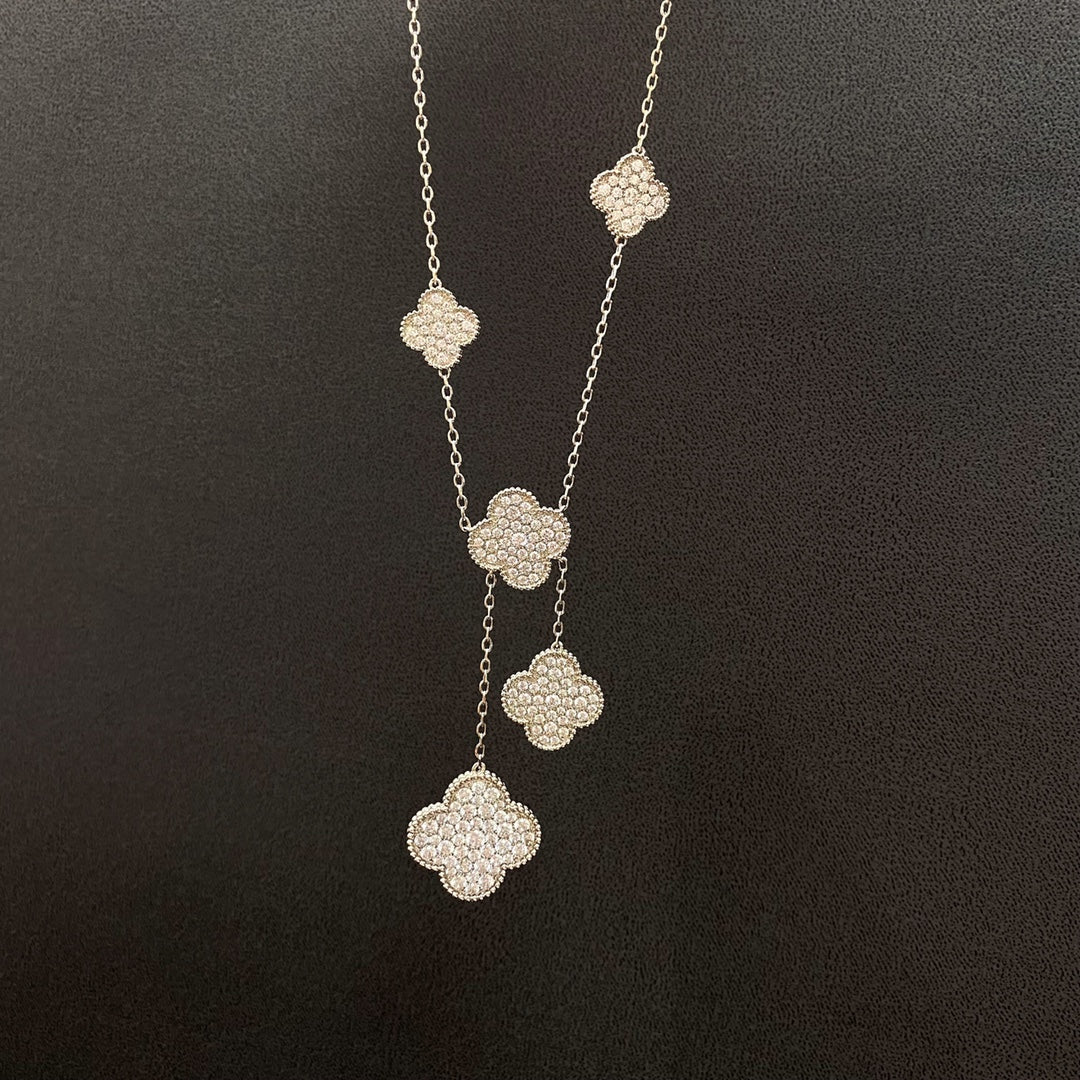 [⭐Hyrra Jewelry]CLOVER 5 MOTIFS SILVER DIAMONDS NECKLACE