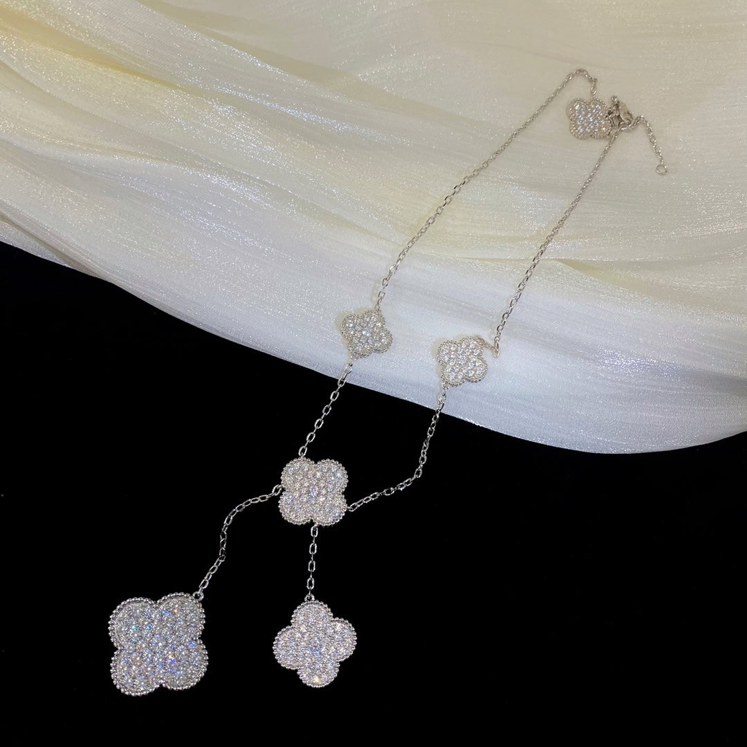 [⭐Hyrra Jewelry]CLOVER 5 MOTIFS SILVER DIAMONDS NECKLACE