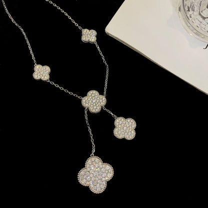 [⭐Hyrra Jewelry]CLOVER 5 MOTIFS SILVER DIAMONDS NECKLACE