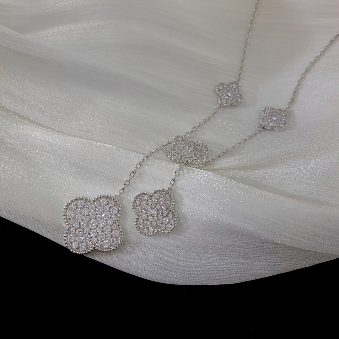 [⭐Hyrra Jewelry]CLOVER 5 MOTIFS SILVER DIAMONDS NECKLACE