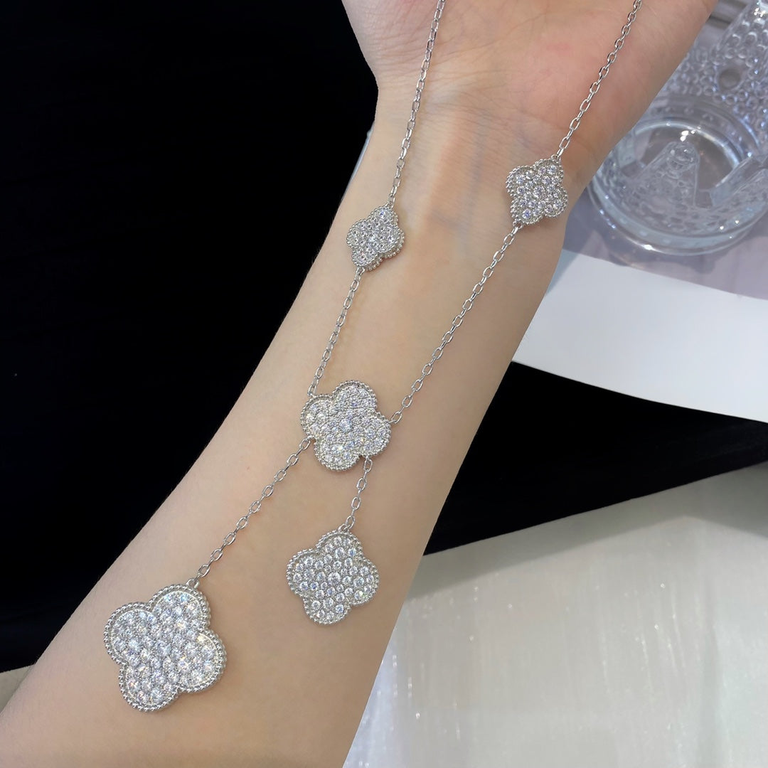 [⭐Hyrra Jewelry]CLOVER 5 MOTIFS SILVER DIAMONDS NECKLACE