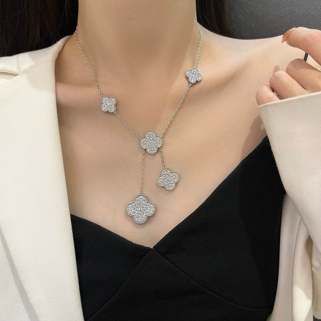 [⭐Hyrra Jewelry]CLOVER 5 MOTIFS SILVER DIAMONDS NECKLACE