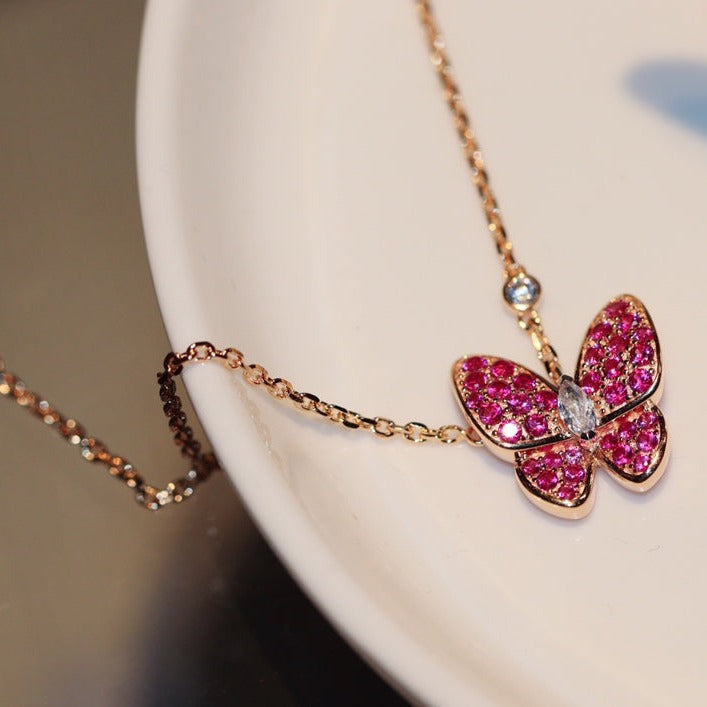 [⭐Hyrra Jewelry]BUTTERFLY RED DIAMOND ROSE GOLD NECKLACE