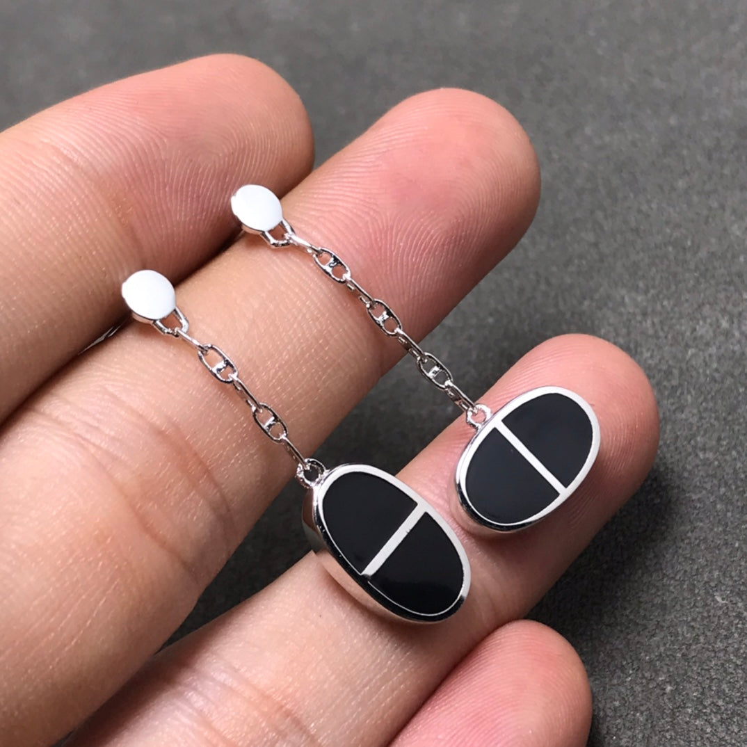 [⭐Hyrra Jewelry]CHAINE VERSO BLACK CERAMIC SILVER EARRINGS