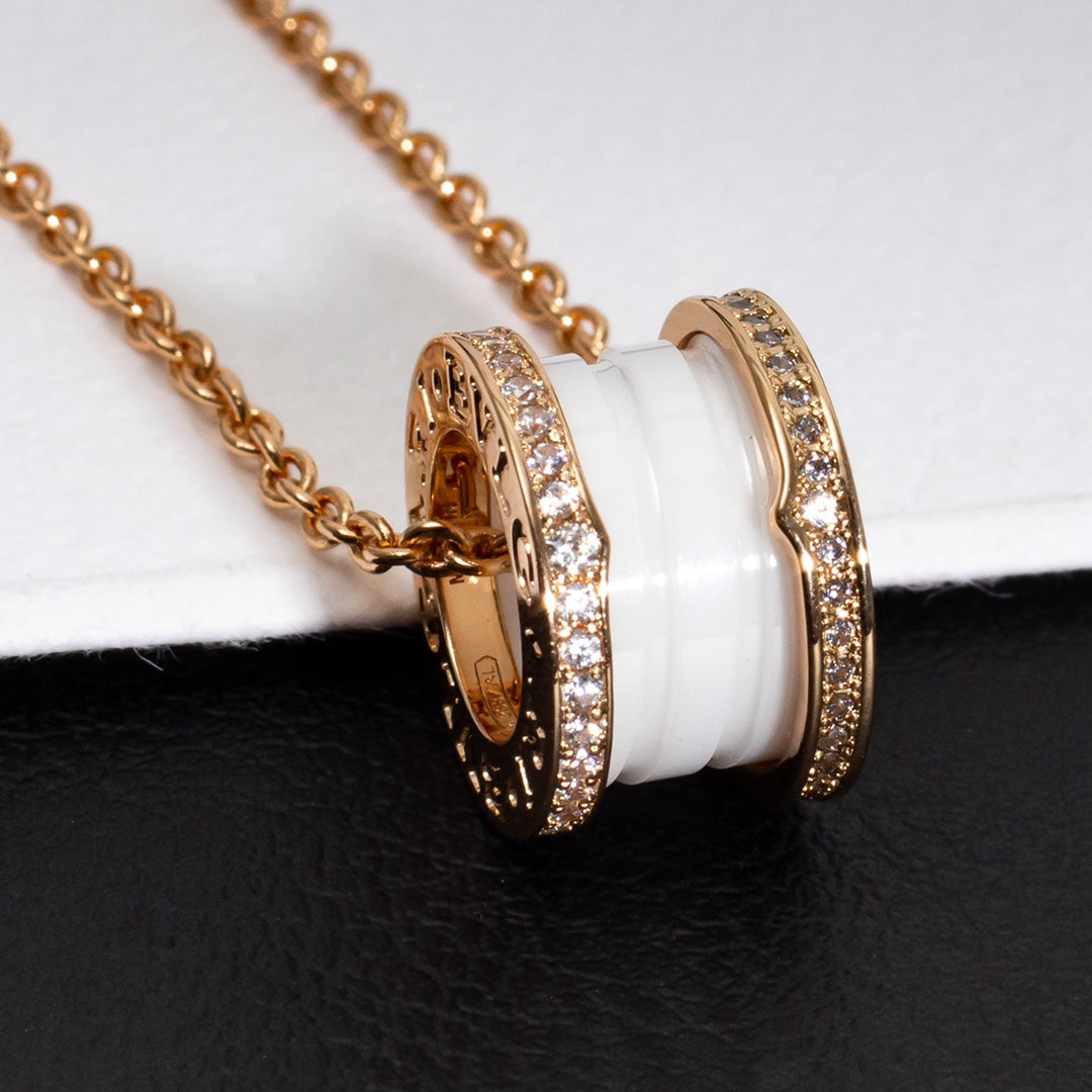 [⭐Hyrra Jewelry]ZERO 1 WHITE CERAMIC PINK GOLD DIAMOND NECKLACE
