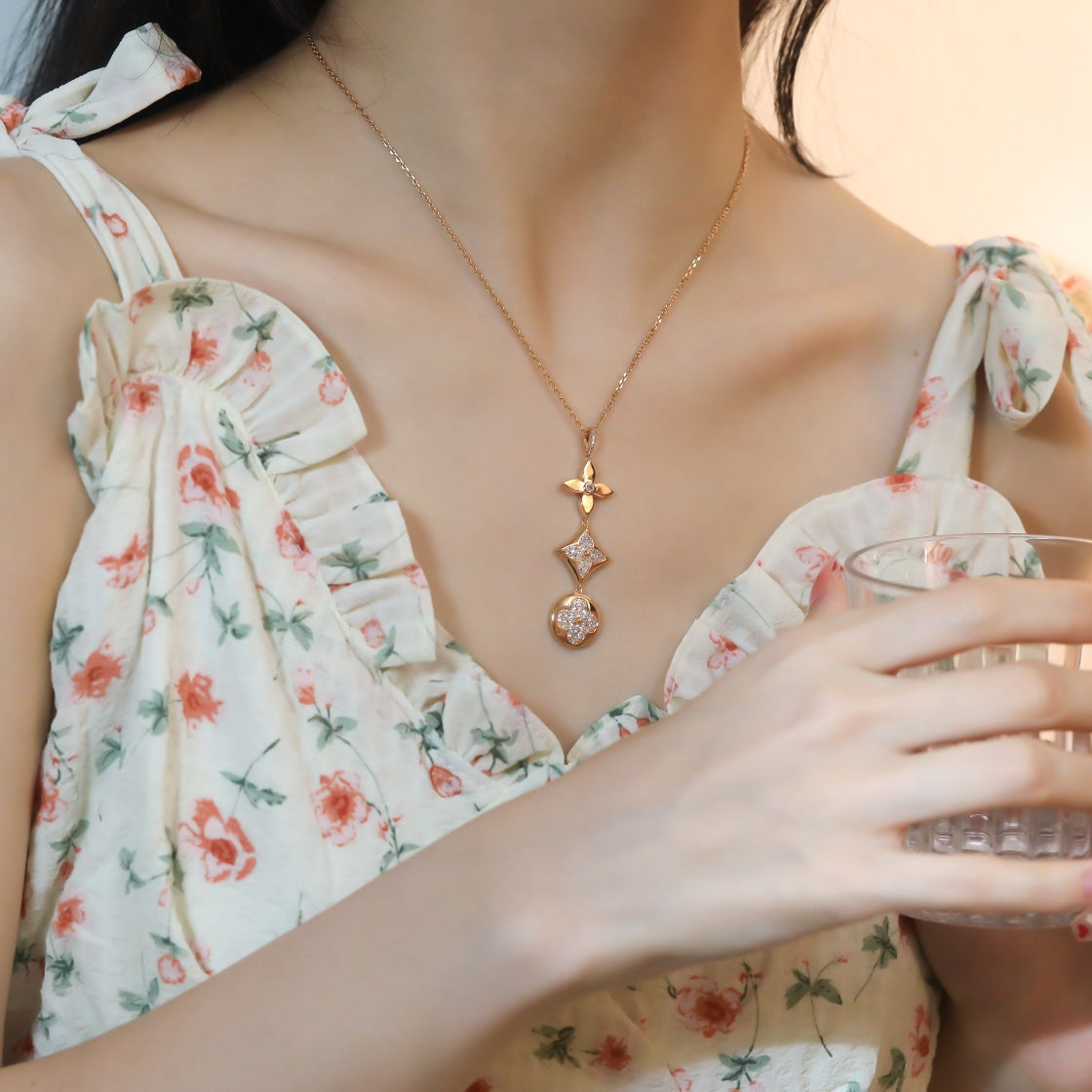 [⭐Hyrra Jewelry]STAR AND SUN DIAMOND PINK GOLD NECKLACE