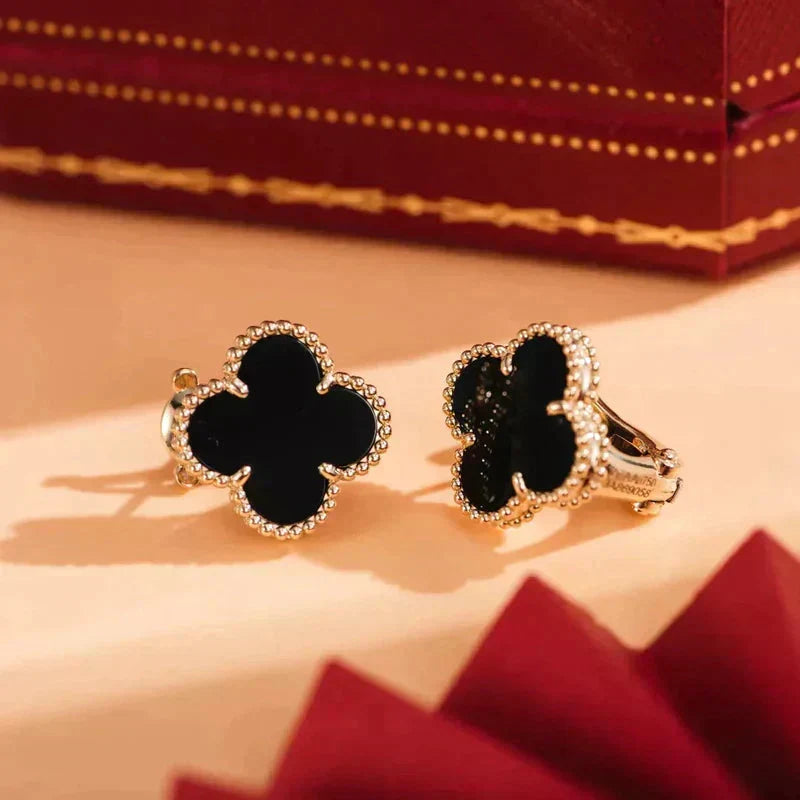 [⭐Hyrra Jewelry]CLOVER MEDIUM 1 MOTIFS  ONYX STUD EARRINGS