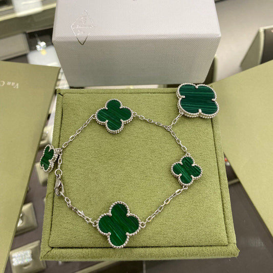 [⭐Hyrra Jewelry]CLOVER 5 MOTIFS SIVLER MALACHITE BRACELET