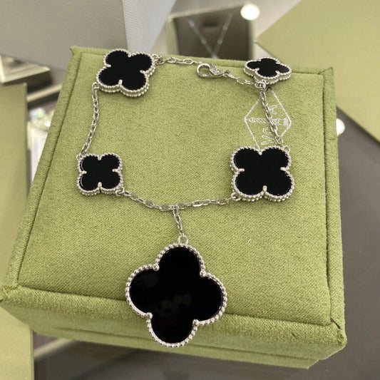 [⭐Hyrra Jewelry]CLOVER 5 MOTIFS SIVLER ONYX BRACELET