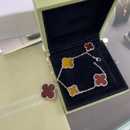 [⭐Hyrra Jewelry]CLOVER 5 MOTIFS SIVLER CARNELIAN TIGER EYE BRACELET