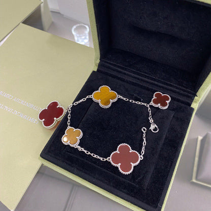 [⭐Hyrra Jewelry]CLOVER 5 MOTIFS SIVLER CARNELIAN TIGER EYE BRACELET