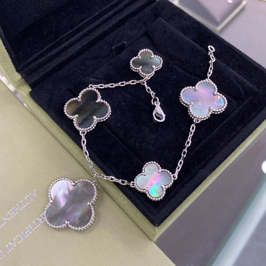 [⭐Hyrra Jewelry]CLOVER 5 MOTIFS SIVLER DARK MOP BRACELET