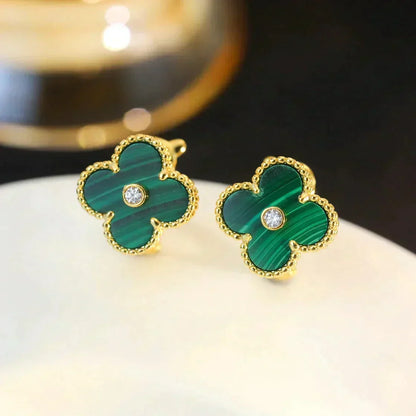 [⭐Hyrra Jewelry]CLOVER MEDIUM 1 MOTIFS MALACHITE DIAMOND EARRINGS