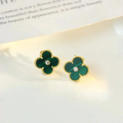 [⭐Hyrra Jewelry]CLOVER MEDIUM 1 MOTIFS MALACHITE DIAMOND EARRINGS