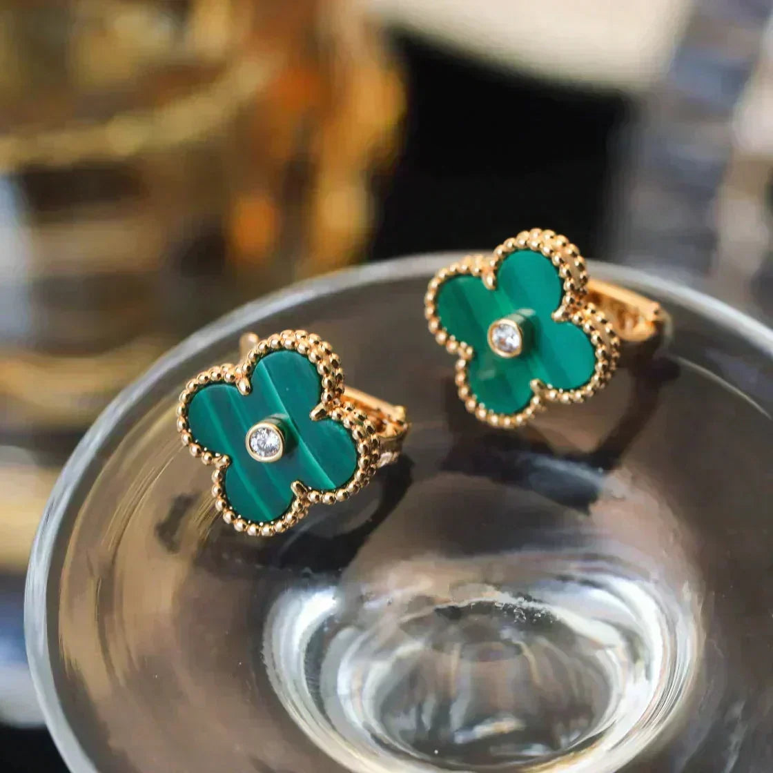 [⭐Hyrra Jewelry]CLOVER MEDIUM 1 MOTIFS MALACHITE DIAMOND EARRINGS