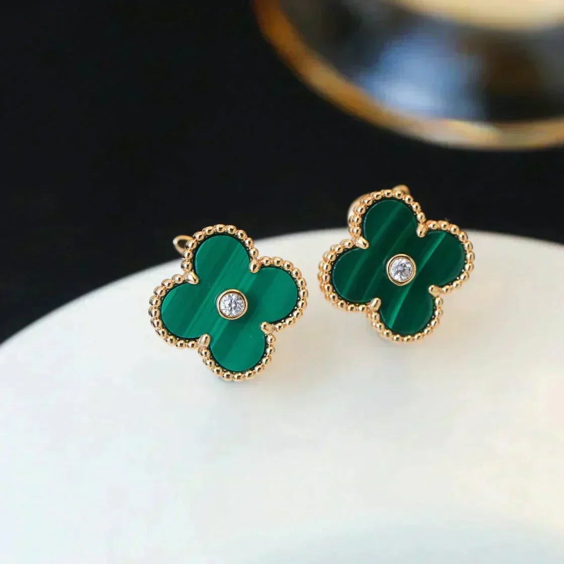 [⭐Hyrra Jewelry]CLOVER MEDIUM 1 MOTIFS MALACHITE DIAMOND EARRINGS