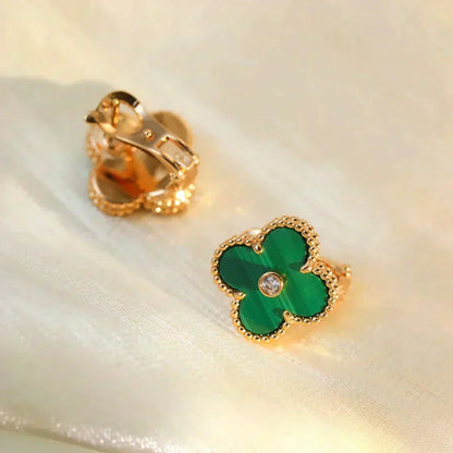 [⭐Hyrra Jewelry]CLOVER MEDIUM 1 MOTIFS MALACHITE DIAMOND EARRINGS
