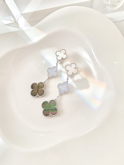 [⭐Hyrra Jewelry]CLOVER 3 MOTIFS CHALCEDONY DARK MOP SILVER EARRINGS
