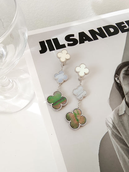 [⭐Hyrra Jewelry]CLOVER 3 MOTIFS CHALCEDONY DARK MOP SILVER EARRINGS