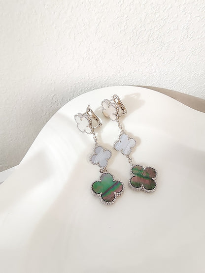 [⭐Hyrra Jewelry]CLOVER 3 MOTIFS CHALCEDONY DARK MOP SILVER EARRINGS