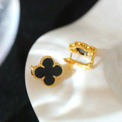 [⭐Hyrra Jewelry]CLOVER MEDIUM 1 MOTIFS  ONYX STUD EARRINGS