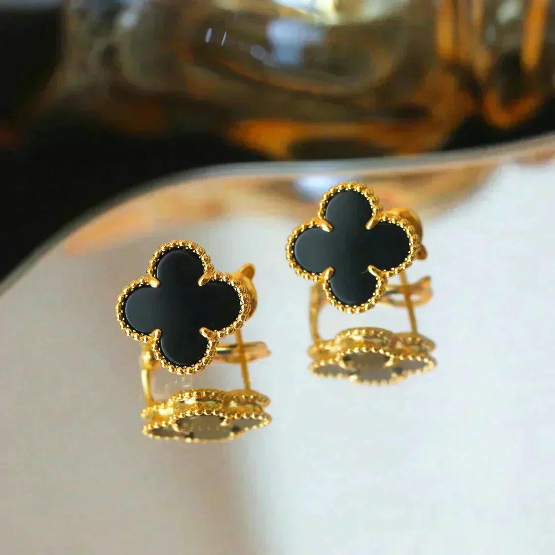 [⭐Hyrra Jewelry]CLOVER MEDIUM 1 MOTIFS  ONYX STUD EARRINGS