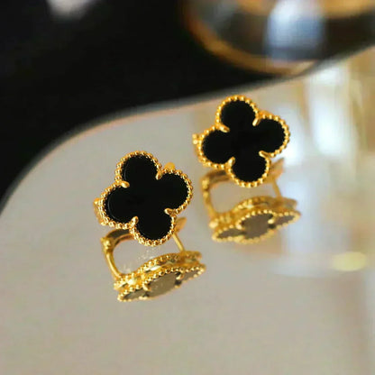 [⭐Hyrra Jewelry]CLOVER MEDIUM 1 MOTIFS  ONYX STUD EARRINGS