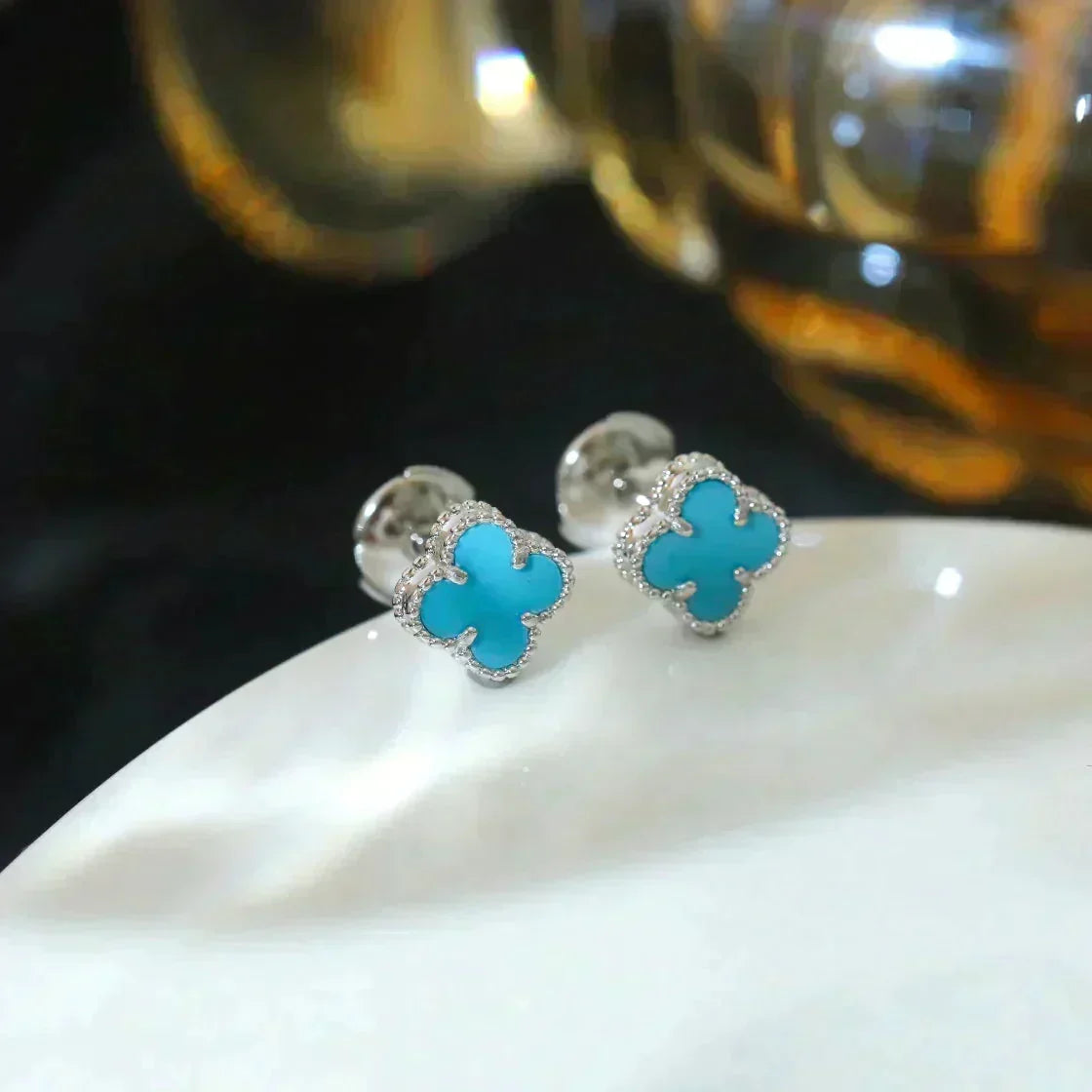 [⭐Hyrra Jewelry]CLOVER MINI 9.5MM ONYX STUD EARRINGS SILVER