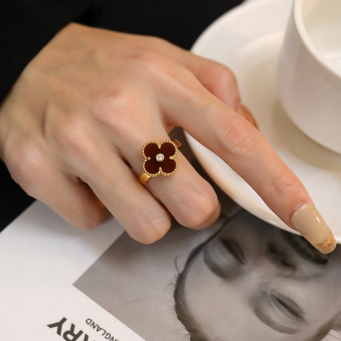 [⭐Hyrra Jewelry]CLOVER CARNELIAN RING ROSE GOLD DIAMOND