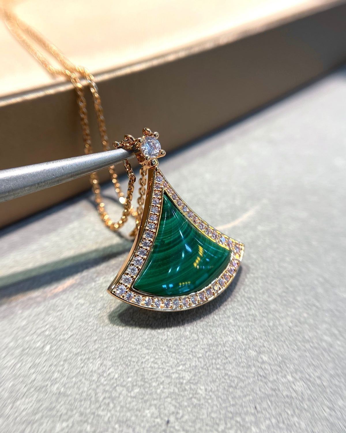 [⭐Hyrra Jewelry]DREAM MALACHITE DIAMOND PAVED PINK GOLD NECKLACE