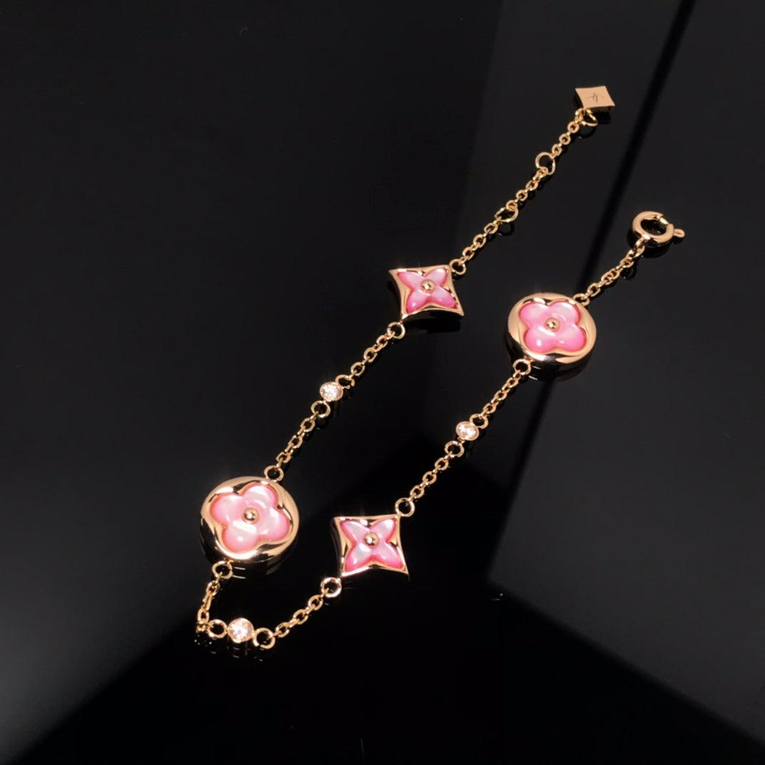 [⭐Hyrra Jewelry]STAR AND SUN 4 MOTIF PINK MOP PINK GOLD BRACELET