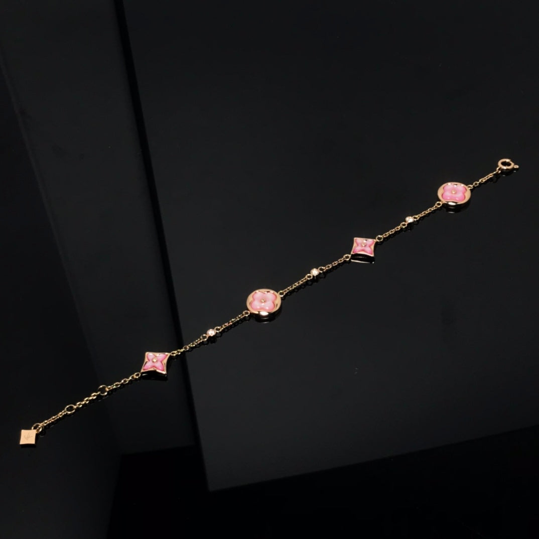 [⭐Hyrra Jewelry]STAR AND SUN 4 MOTIF PINK MOP PINK GOLD BRACELET